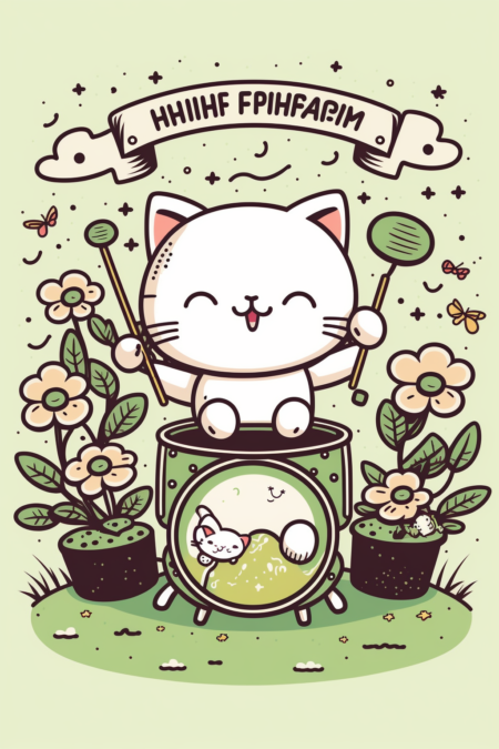 白色小猫、弹吉他、打鼓、绿色山顶、花朵、可爱、微笑、音符、卡哇伊风格、插图、线条画