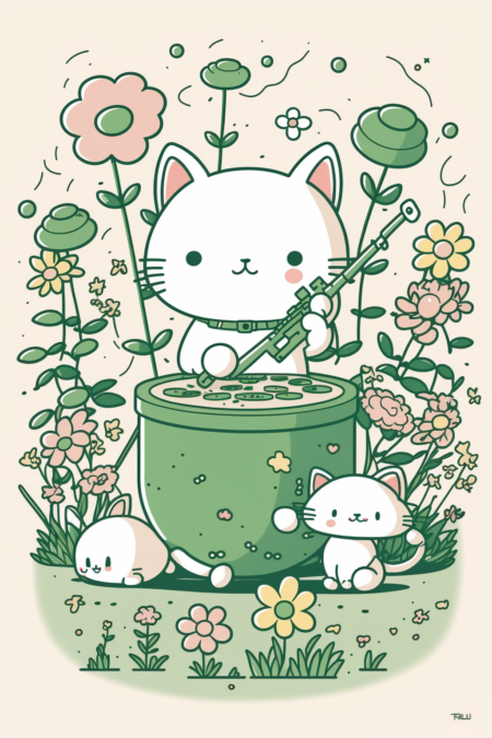 白色小猫、弹吉他、打鼓、绿色山顶、花朵、可爱、微笑、音符、卡哇伊风格、插图、线条画
