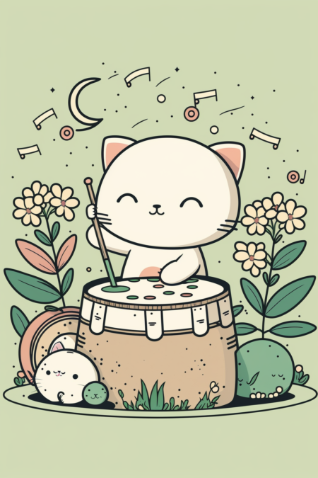 白色小猫、弹吉他、打鼓、绿色山顶、花朵、可爱、微笑、音符、卡哇伊风格、插图、线条画