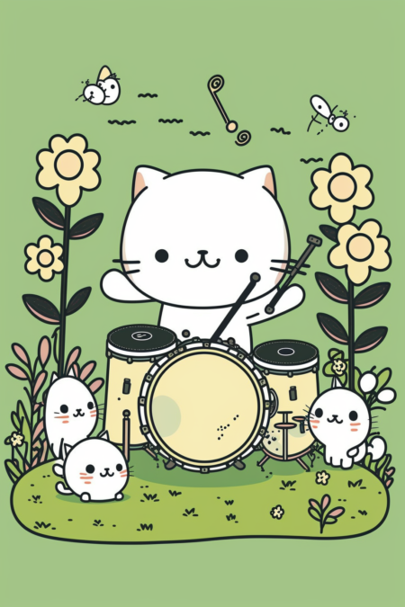 白色小猫、弹吉他、打鼓、绿色山顶、花朵、可爱、微笑、音符、卡哇伊风格、插图、线条画