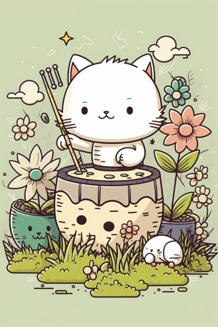 白色小猫、弹吉他、打鼓、绿色山顶、花朵、可爱、微笑、音符、卡哇伊风格、插图、线条画
