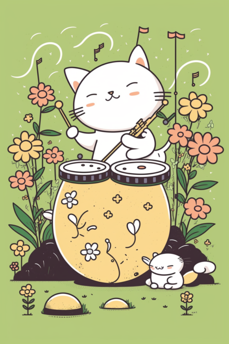 白色小猫、弹吉他、打鼓、绿色山顶、花朵、可爱、微笑、音符、卡哇伊风格、插图、线条画