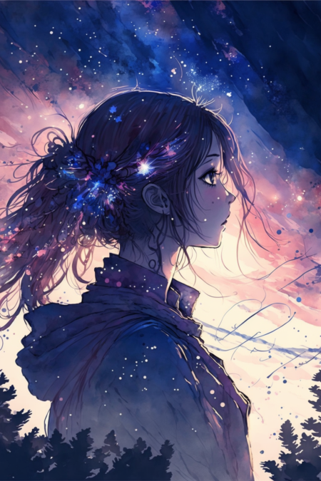 数码水彩、插画杰作， 少女、夕阳、仰望天空、淡淡的梅花、繁星点点、 微光闪烁、 风格统一、 哑光质感