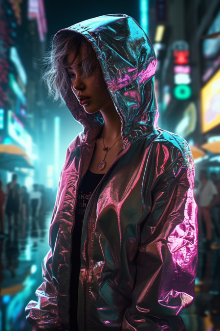 一个穿着全息赛博朋克服装的女人， 周围环绕着霓虹灯 照明 的城市景观反射， vray 渲染， 光线追踪， 次表面散射