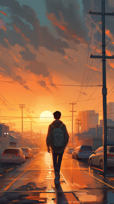 一个男孩的背影， 走在高速公路上， 紧挨着城市的喧嚣， 夕阳西下，Alena Aenami的风格