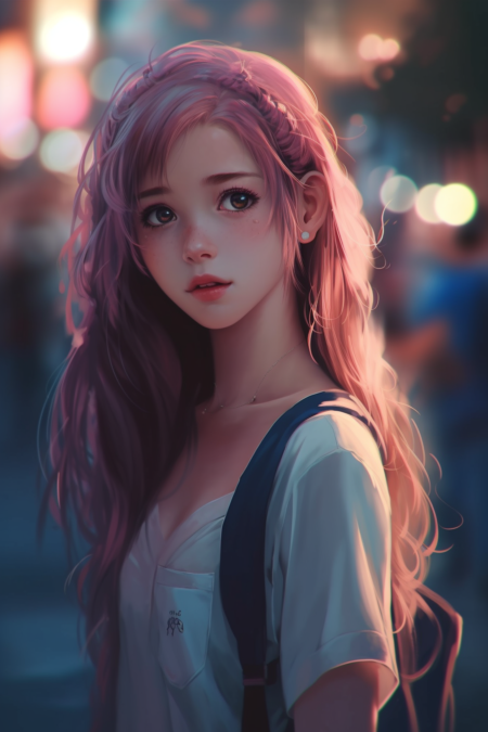 一个女孩， 图片只有粉色和蓝色， 背景纯色， 超级细节， 动漫