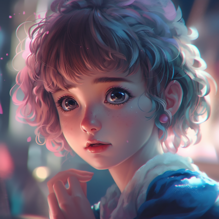 一个女孩， 图片只有粉色和蓝色， 背景纯色， 超级细节， 动漫