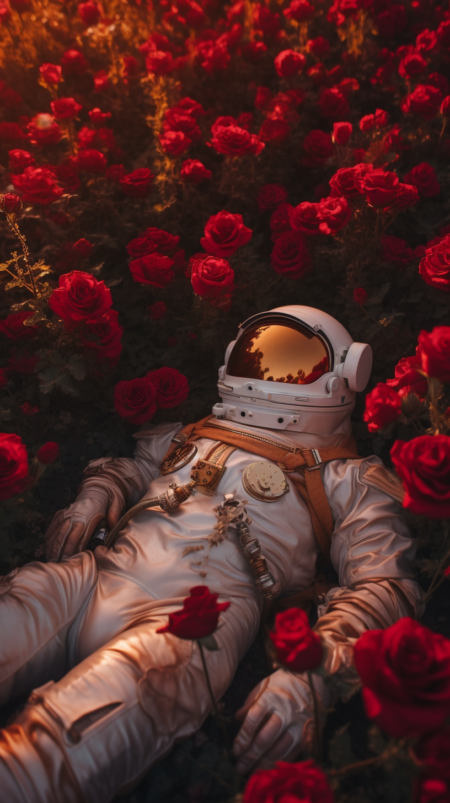 生物力学宇航员躺在红玫瑰花草地上的高质感照片， 黄金时段， Leica 50mm ， f1.4 、 晚上，