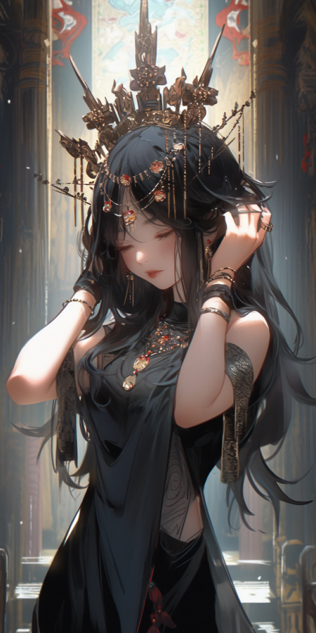 迷人的亚洲女祭司穿着薄缠腰布， 由 Yuumei 设计， 空灵的氛围， 当代时尚， 日本寺庙内部， 传统， 家庭主妇， 轻浮， 工作室灯光， 美丽的肖像， 完美的角度， 表现主义， 有吸引力