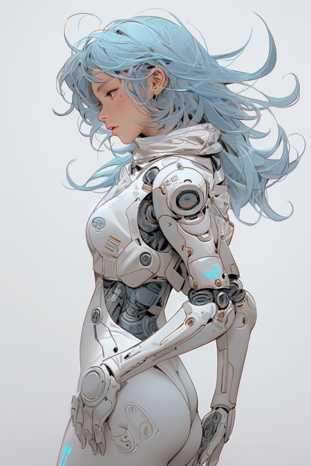 科幻机器人少女agawa晴子， vray风格， 动漫艺术， 32k uhd ， 浅银， 精密绘画， dollcore ， 感性曲线