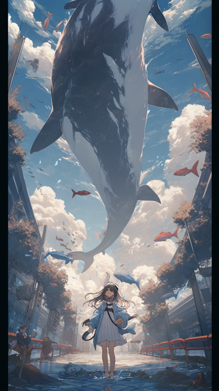 海中少女仰望天空的奇幻艺术，鲸鱼，极低角度， 身穿刺绣 长袍 ， 深橙色和深蓝色风格，色彩缤纷的街头壁画，惊涛骇浪的海景，简直不敢相信这有多美是，villagecore ，细致入微，曲线