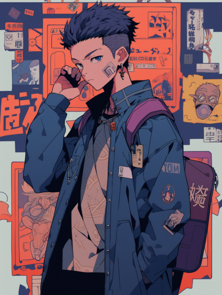 1990年日本漫画风格，做旧质感，酷男孩，衣服上有一些文字和潮流标签， 背景是蓝色的公交车站牌， 薄纱的身体， 潮流的玩具设计，玩具主义, 塔罗牌, 动漫美学, 平面色彩, 动态角度, 杰作, 最佳质量, 超细节, 没有奇怪的动物或植物