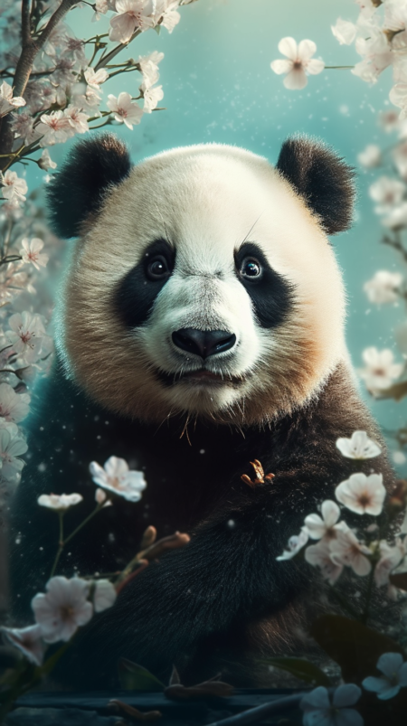 享受春天的熊猫宝宝， 春天的背景， 写实的摄影， 彩色的背景， 详细的肖像， 错综复杂的细节， 丰富的色彩， 写实的风格， 正面