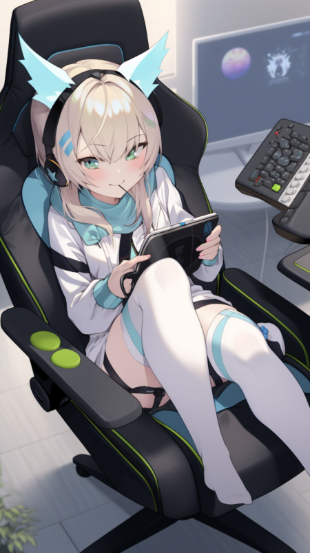 原始动漫照片，热辣女人坐在游戏椅上，插画，高筒袜，明日方舟