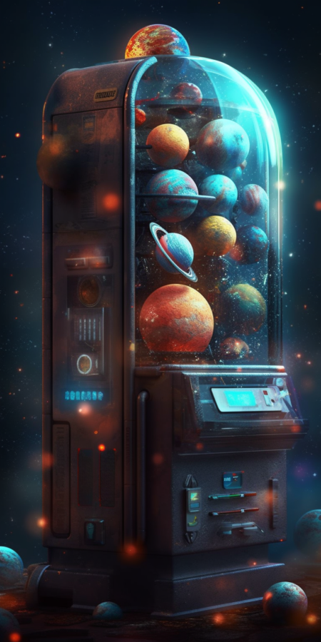 机器包含火星上的卫星和行星， 背景是星云和恒星