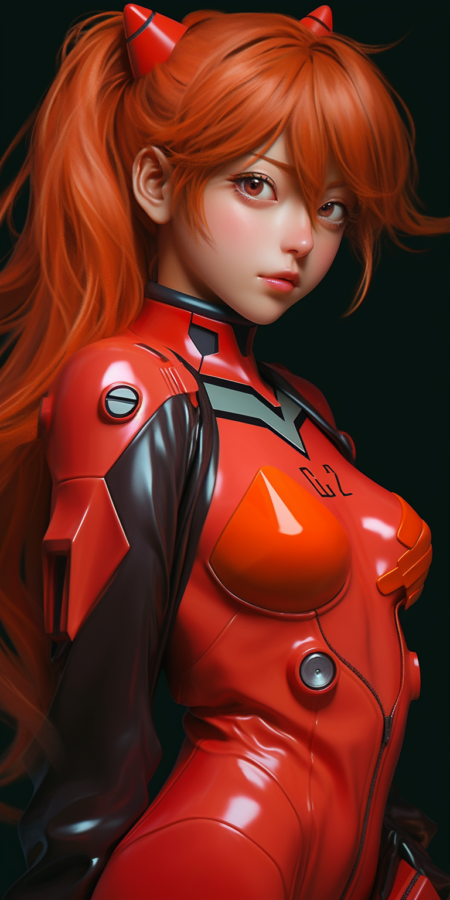 来自新世纪福音战士的 Asuka，动态姿势，动漫 waifu（20岁） - 热 - 宝贝 - 轻浮 - 肢体语言，适合 - 厚实 - 身材，华丽完美的脸，在逼真的风格和超详细的渲染中，卡哇伊，超写实油画，波状阴影
