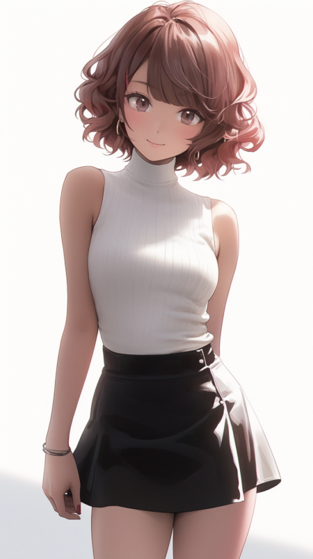 美丽迷人的卡哇伊日本女人的照片，穿着微型迷你裙装，紧身，大腿高，腹部，大胸部，狐狸眼鸭嘴，细脖子，卷曲的短发，漂亮的脸，没有法令纹的脸，受女孩欢迎，活跃的时尚 模型 porsing, 微笑, 梦幻般的虚幻照明, 高动态范围, 简单的白色背景, 全身形状, 半侧轮廓, 流行和乐趣, 萌, 卡哇伊, 鲜艳的色彩,魅惑的目光