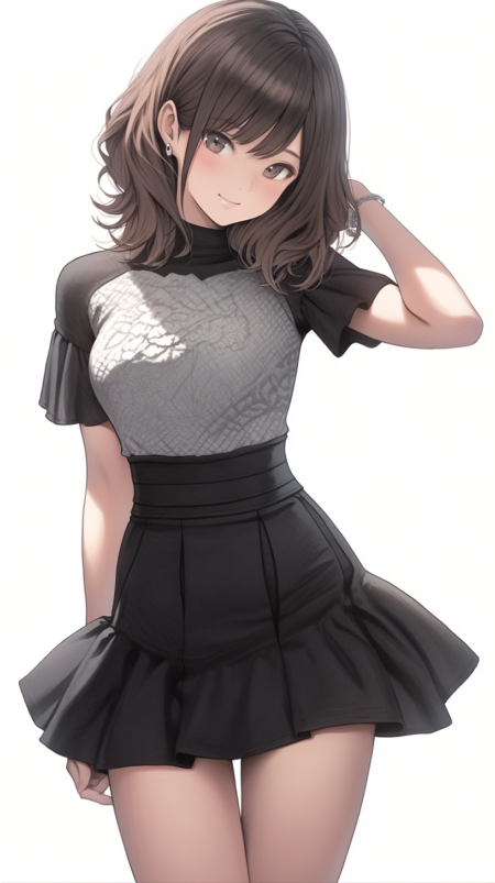 美丽迷人的卡哇伊日本女人的照片，穿着微型迷你裙装，紧身，大腿高，腹部，大胸部，狐狸眼鸭嘴，细脖子，卷曲的短发，漂亮的脸，没有法令纹的脸，受女孩欢迎，活跃的时尚 模型 porsing, 微笑, 梦幻般的虚幻照明, 高动态范围, 简单的白色背景, 全身形状, 半侧轮廓, 流行和乐趣, 萌, 卡哇伊, 鲜艳的色彩,魅惑的目光