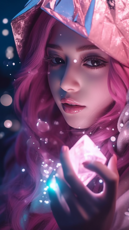 科幻动漫女孩、 动画插图，人形的真实描绘，女性身体，铝，迷人的角色，智能构图，照片 - 灵感来自 artgerm，LED， 霓虹灯、锐利阴影、光线追踪阴影、粉色和蓝色灯光、光纤、卡哇伊朋克、照片 - 逼真的夸张、卡哇伊、光线追踪全局照明、流明、模因艺术、超现实主义、超详细、动态姿势 + 全身 + 角度低