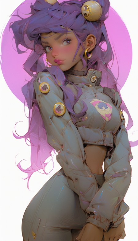 美少女战士，月球上的艺术少女，观星，赛博朋克未来主义风格，淡紫色和金色，lilia alvarado，商朝 ，andrzej sykut，大胆，鲜艳的色彩，特写，vray