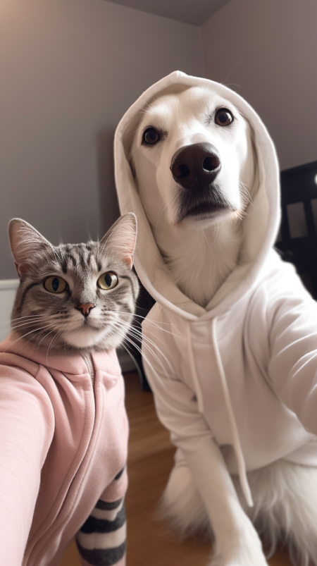 一只狗和一只猫穿着衣服摆姿势，一起自拍 ，并 在社交媒体上被描绘出来， 拍照， 高清