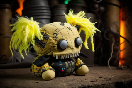 萤火虫， 一个毛绒玩具， 可爱的， 骷髅 般 的怪物，由 80 年代的老科技材料制成，在赛博朋克环境中， 艺术
