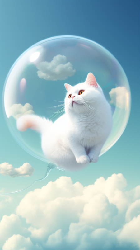 一只可爱的白色胖乎乎的猫,泡泡,天空 背景是晴朗的蓝天，多云， 泡泡是五颜六色的梦