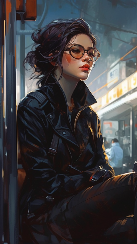 穿着黑色夹克的韩国女性女孩坐在街上的栏杆上， 特写 ， 肖像，优雅的现代眼镜，优雅，syd mead ，超详细，animecore ，机甲动漫风格，红色，klaus pillon ，happycore ，2d ,苗条