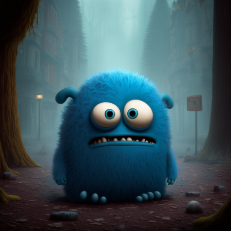 一个名叫古伯的蓝色怪兽， 害羞地站在 皮克斯风格的插画村街道上， 孤身一人