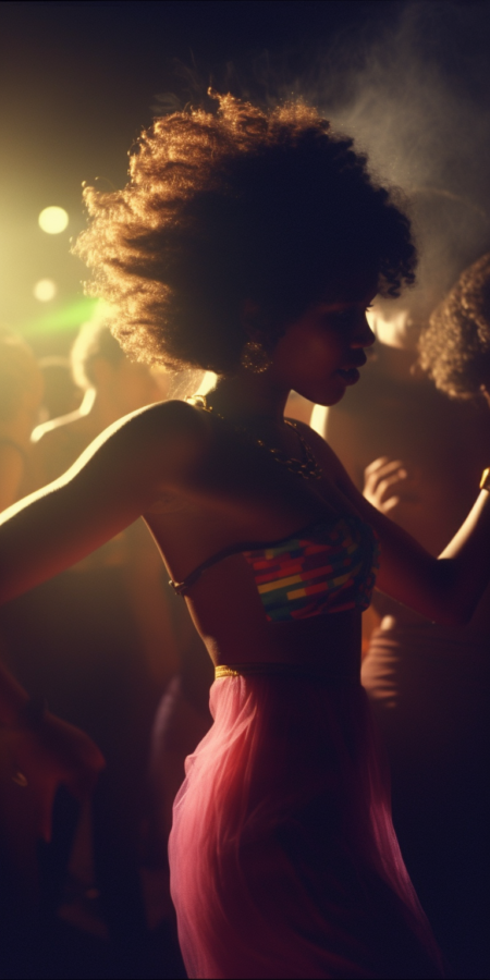 一个美丽的女人在狂欢中跳舞， PLUR 风格， 动态姿势， 照片由 Clifford Coffin 拍摄