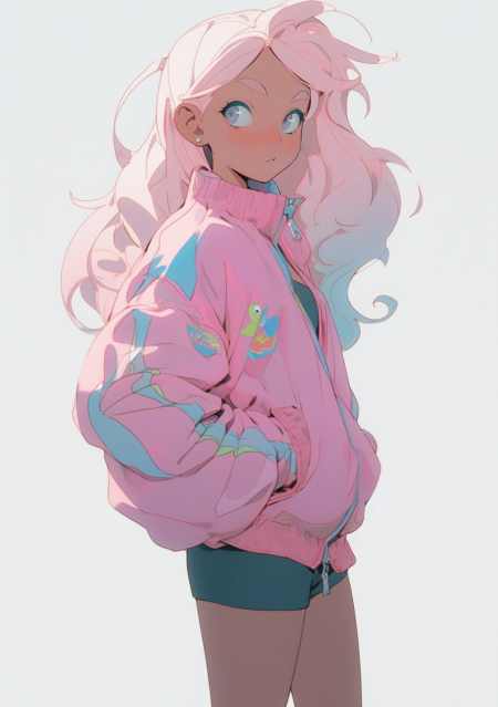 穿着粉色夹克和短裤的粉色长发青少女