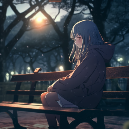 动漫女孩坐在日本公园的长椅上， 女孩在哭， 背景有树， 头巾打开， 柔和的灯光