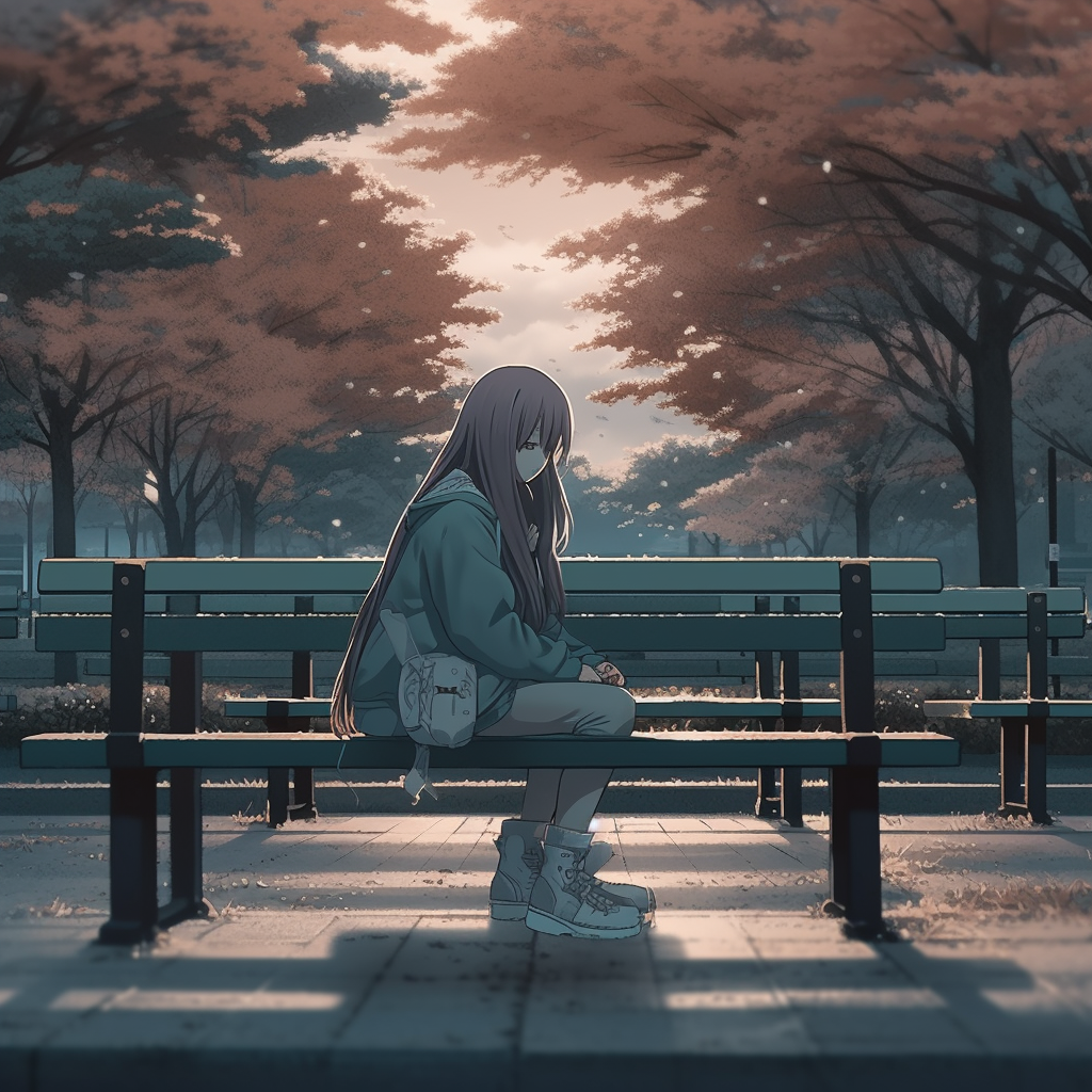 动漫女孩坐在日本公园的长椅上， 女孩在哭， 背景有树， 头巾打开， 柔和的灯光 - 森片