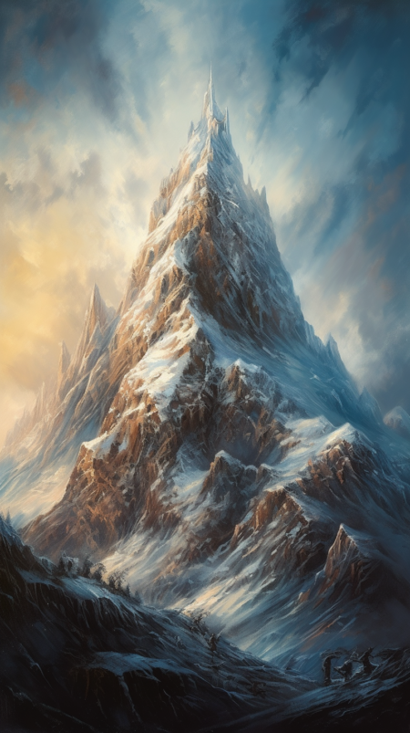 一座幻想的山， 覆盖着雪， 阳光， 渐弱的光线， 蓝天， 复兴绘画， 非常详细， 错综复杂， 8k ，