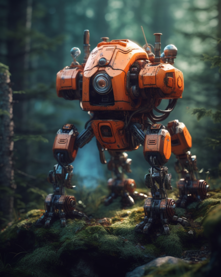 一个橙色的机器人站在森林中间​​， 以细致的写实静物风格， 俏皮的角色设计， 蘑菇核， 球根， 密码朋克， 霜冻朋克， 70mm 镜头