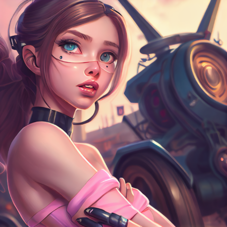 皮克斯风格的肖像拍摄， 垃圾场中的动漫 belle delphine 机器人， granblue fantasy 的艺术品，artgerm ，进击的巨人，高质量，吉卜力令人惊叹的背景，华丽的 大眼睛，平滑的单元格阴影