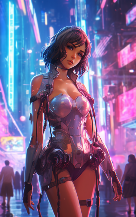 夜间霓虹灯街道上的动漫女孩形象， 未来主义风格， 液态金属， 陈真， 克里斯托弗巴拉斯卡斯， 夸张的姿势， 天气核心， 剑朋克