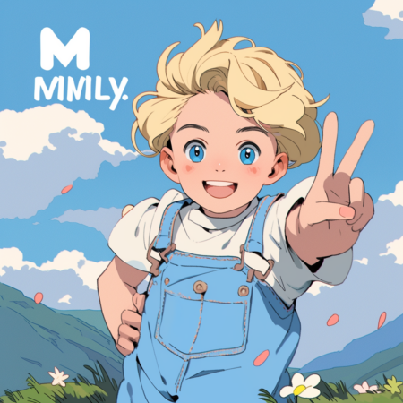 一个非常可爱的金发男孩，穿着蓝色衬衫，手上有胜利标志， 宫崎骏风格， 动画电影先驱风格， 森系， 童年世外桃源， 山景， 高清， 多莉系， 象牙