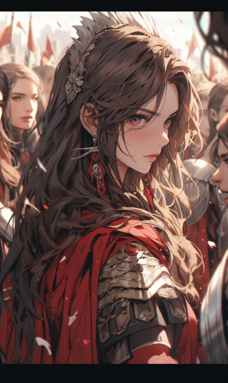 地平线的凯传/ 地平线的佐助 for android , 十九世纪法国现实主义风格, 美女, 幻想插图, 红色和棕色, 特写 , 西周, 详细的人群场景