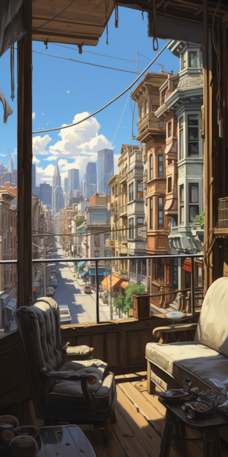 望向大城市公寓的窗外， 史诗构图， 广角， 宫崎骏， 风之谷吉卜力