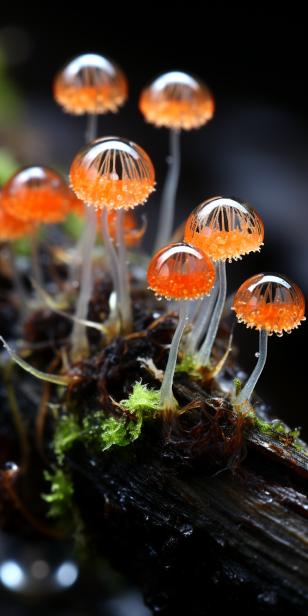 苔藓地衣纳米世界细节， 微距镜头， 高细节， 真实感， 电影灯光， 发光眼睛