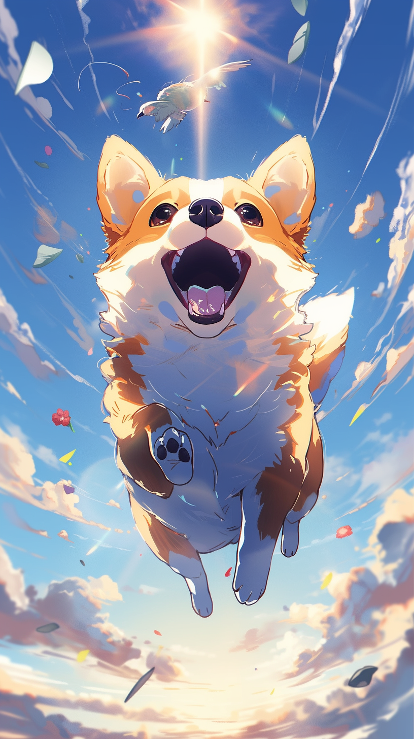 A joyful little dog flies in the sky