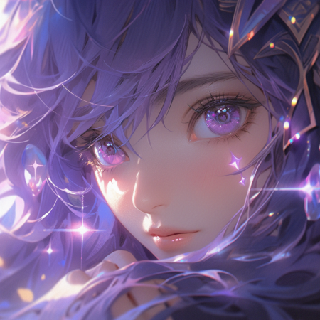 一个动漫女孩，紫色头发，霓虹紫色，周围是眼睛，魔法圆圈，逼真的幻想风格，淡紫丁香和浅薰衣草，32k 超高清，彩色绘画，电影