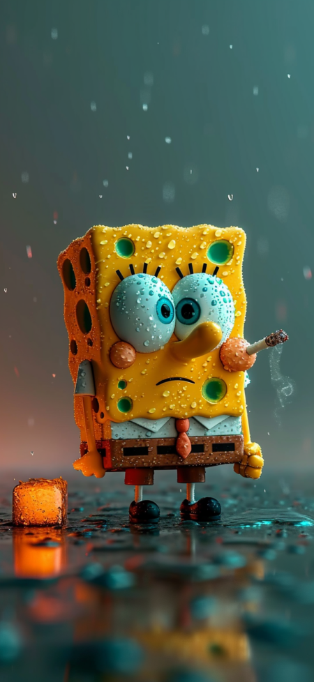 海绵宝宝正在用浪漫的现实主义，日本摄影，潮湿，浅红色和蓝绿色，tanbi kei，街头场景，32K UHD的风格，在他身后抽着霓虹灯。