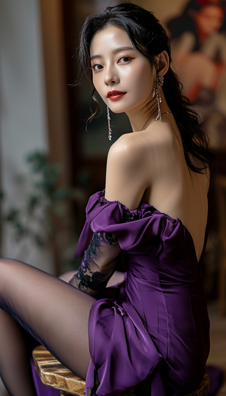 一个美丽的年轻中国女性穿着紫色深肩的侧视图，肩膀短礼服，搭配黑色闪亮的连裤袜和紫色高跟鞋，坐着，全身射击，IW 2，以贡比的风格，柔软，梦幻般的质量， 端庄的姿势，法拉利亚P30，平滑线，夸张的特征，深棕色和浅黑色