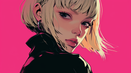 她的动漫女孩穿着黑色，有金色的头发，对比鲜明的阴影，深色粉红色，纸浆漫画，皮革/皮革，优雅，情感面孔，点画，海报艺术，新朋克叛乱，浅米色的脸部皮肤，抗斑点，在 波普艺术肖像画的风格，一面颜色的脸皮，吉卜力工作室风格