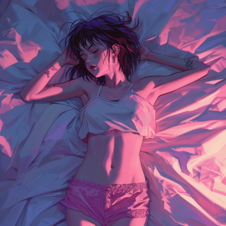 动漫角色躺在床上，看天花板，女性，32K UHD，1990年代，雄伟的姿势，景色，全身，粉红色短裤