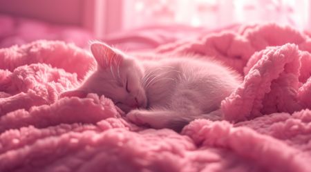 Hello Kitty在粉红色的毯子中睡觉，浪漫风格的风格，32K UHD，单色艺术品，Aurorapunk，Aurorapunk，概念艺术，Duckcore，特写强度