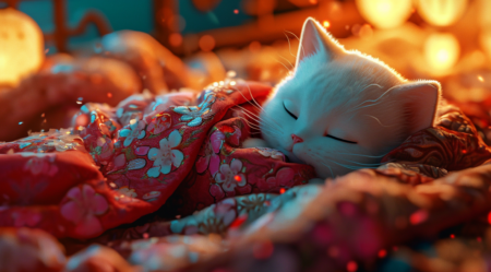 Hello Kitty在粉红色的毯子中睡觉，浪漫风格的风格，32K UHD，单色艺术品，Aurorapunk，Aurorapunk，概念艺术，Duckcore，特写强度