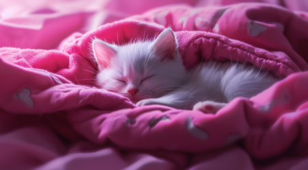 Hello Kitty在粉红色的毯子中睡觉，浪漫风格的风格，32K UHD，单色艺术品，Aurorapunk，Aurorapunk，概念艺术，Duckcore，特写强度